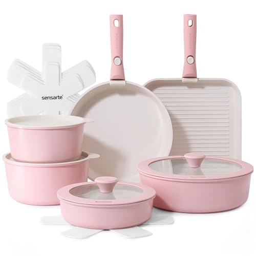 SENSARTE Batterie de Cuisine Induction avec Poignées Amovibles, 17PCS, Rose