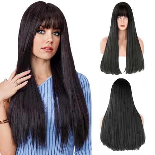 LUFFLOK Perruque Femmes Longue Lisse Noire, Perruque avec Fr