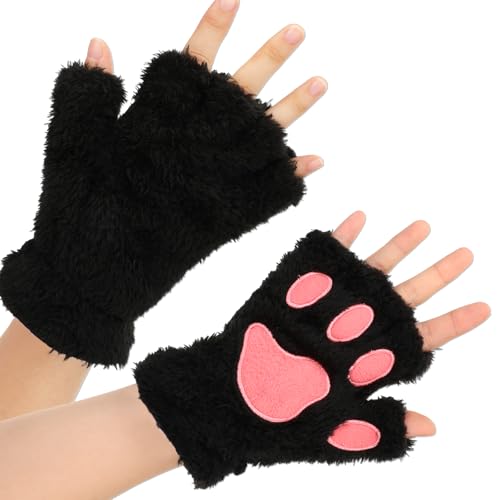 COMNICO Gants de Pattes de Chat Doux en Peluche sans Doigts,