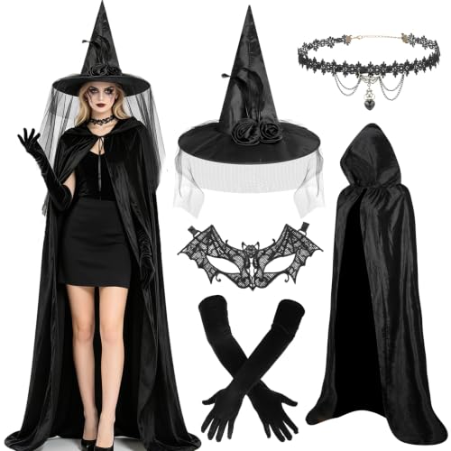 Beipegin Deguisement Sorciere Femme Cape Noire Chapeau Sorci