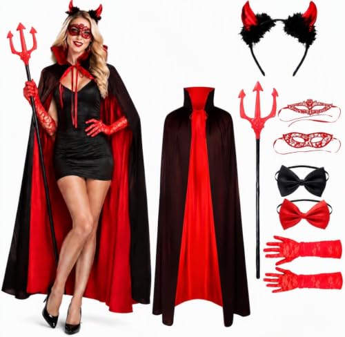 Costume de Diable pour Femme Halloween - 8 Pièces avec Cape,