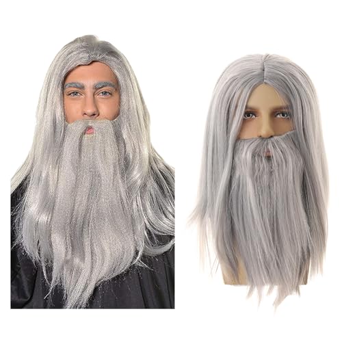 UILYNIU Perruque Longue Barbe de Sorcier Magicien, Gris Long