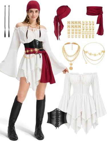 Beeoecm Costume Pirate Femme Robe Blanche avec Corset et Acc