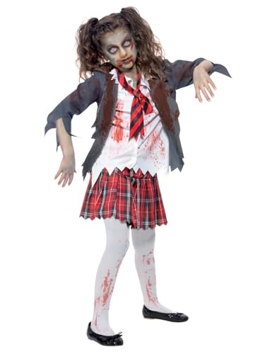 Smiffys Costume écolière zombie, Gris, avec jupe, veste, fau