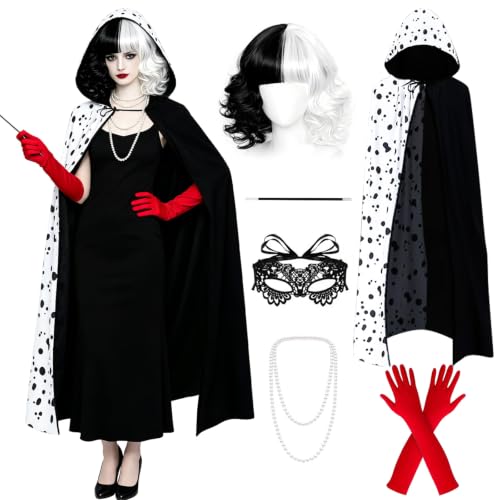 7 Pièces Cruella Deguisement Femme: avec Perruque Cape Noire