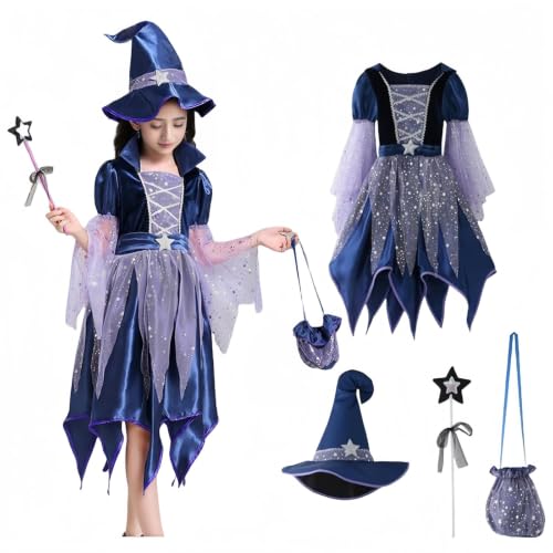 Déguisement Sorcière Enfant Fille 4 Pièces, Costume Hallowee