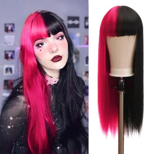 Perruque Femmes Noire et Rose, Cosplay Draculaura, Longue et