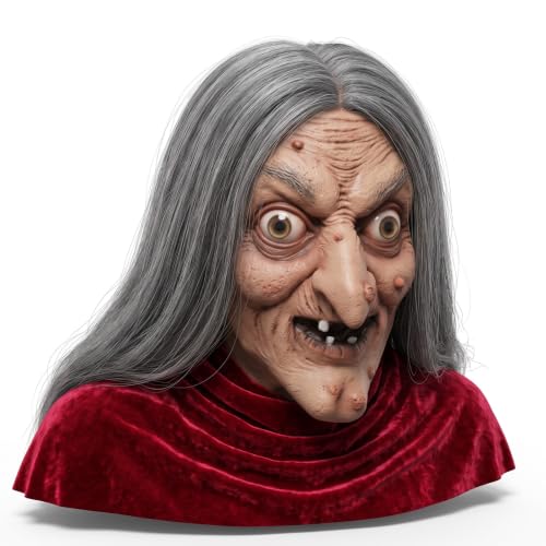 Masque de Sorcière Halloween en Latex avec Cheveux Gris,Viei