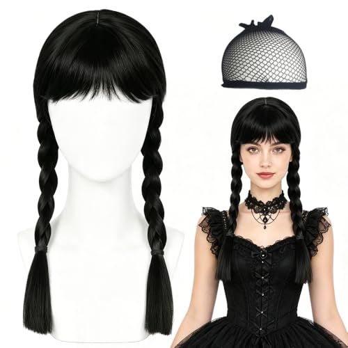 Perruque de mercredi en cheveux humains avec frange, longue 