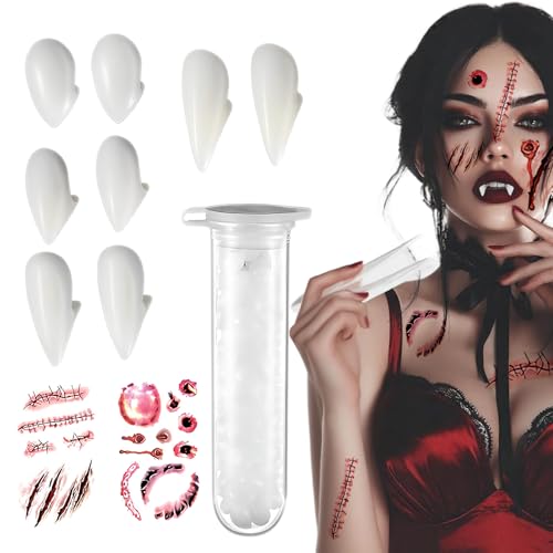 4 Paires de Dents de Vampire, Crocs de Vampire, avec 1 Tube 