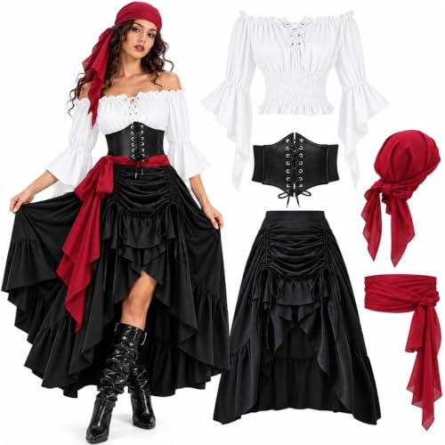 5 Pièces Deguisement Halloween Femme Pirate, Costume Pirate 