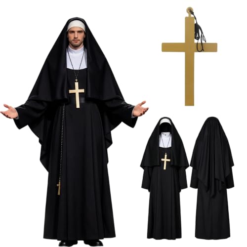 GWAWG Déguisement Nonne Adulte, Voile et Collier Croix Dorée
