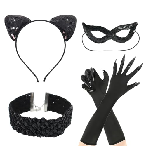 Kit Costume Chat Femme 4 Pièces Halloween Cosplay, Deguiseme