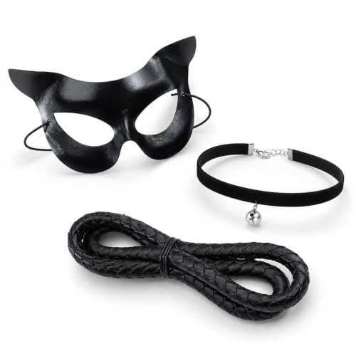 3x Pièces Costume Chat Femme - Masque Noir + Collier Clochet