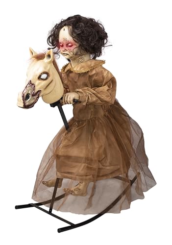 P'TIT CLOWN - 17121 - Automate Halloween - Fillette Maudite sur Cheval à Bascule Animé - 100 cm - Animatroniques - Animatronics - Alimentation Secteur - Assemblage Facile et Rapide