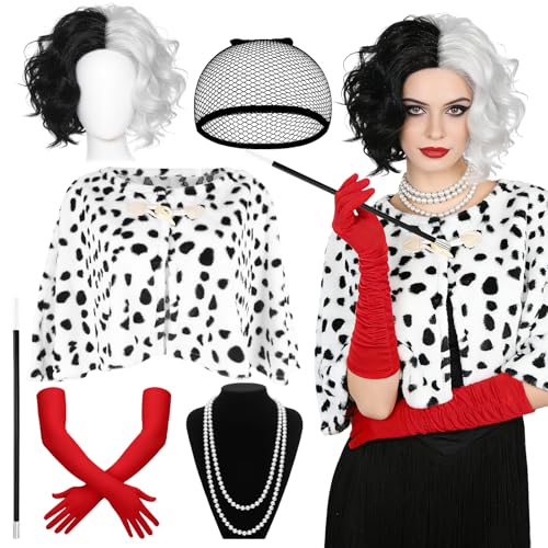 6 Pièces Déguisement de Cruella pour Femme, Kit daccessoires