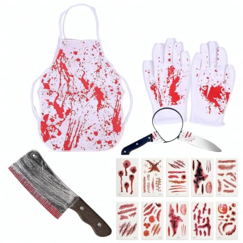Costume Boucher Halloween Adulte, Set Tablier Sanglant et Ac