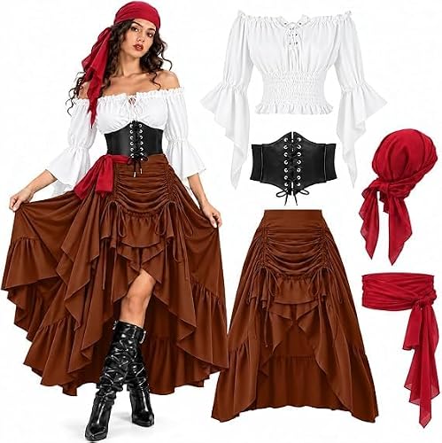 Générique 5 Pièces Deguisement Cosplay Pirate Femme, Costume