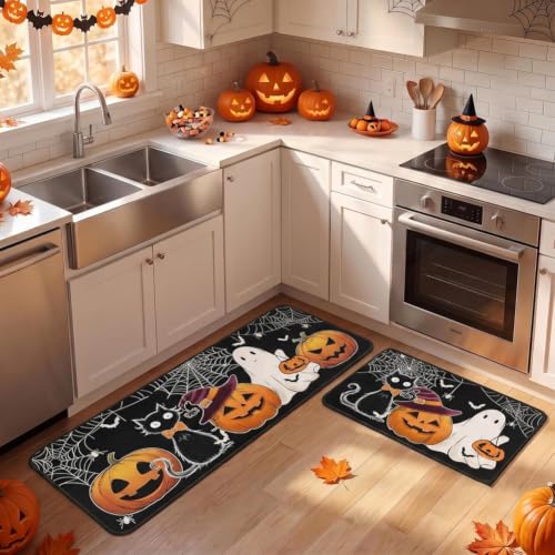 Ensemble Tapis Cuisine Halloween 2Pcs, Motif Citrouille Fant