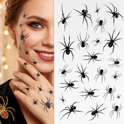 3Feuilles 69Pcs Tatouage Temporaire Halloween Araignée Noire