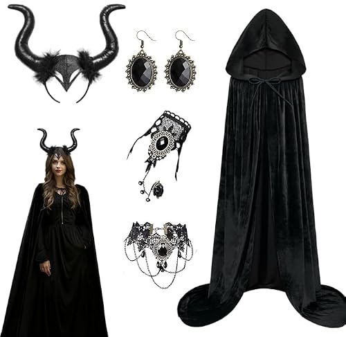 Deguisement Halloween Femme Maléfique Costume, Noir Cape à C
