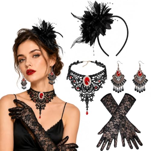 Set de Bijoux Vampire et Accessoires Halloween Femme, 4 Pièc