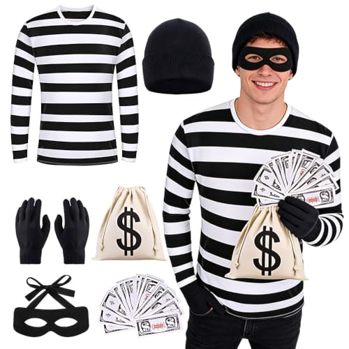 KUWUNG Costume de voleur de banque 6 pièces pour homme avec 