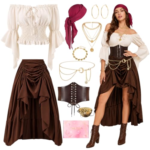 Deguisement Pirate Femme, Robe Médiévale avec Ceinture et Ac