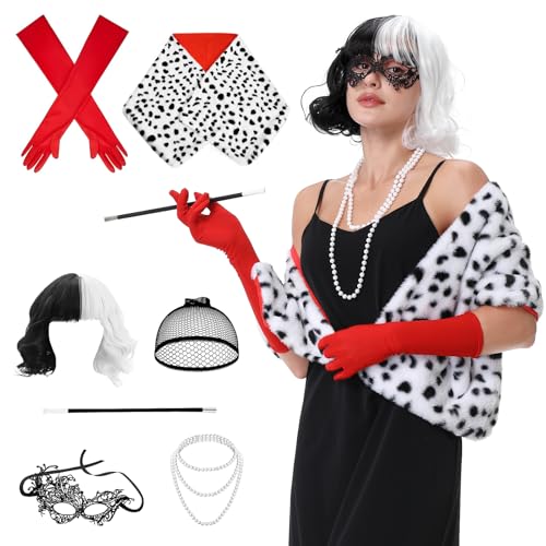 Aragallant Cruella Costume, Perruque Courte Noire et Blanche