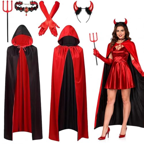 Mailfull Costume de diable pour femme avec cape rouge, capuc