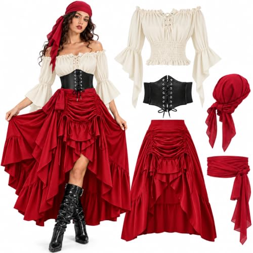 5 Pièces Déguisement Pirate Femme,Costume Pirate Médiéval av