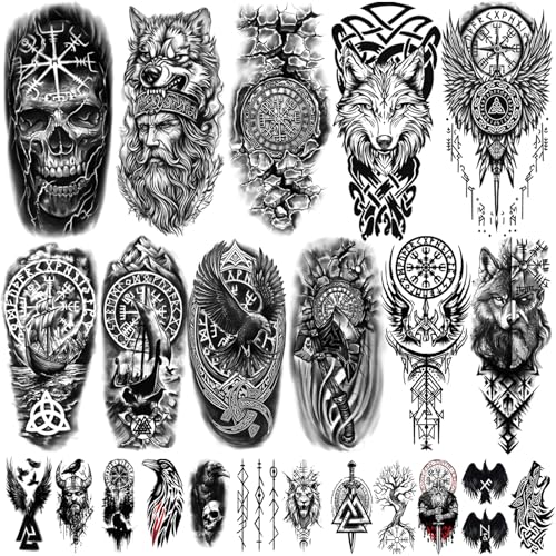 77 feuilles de tatouages ​​temporaires vikings pour adultes,